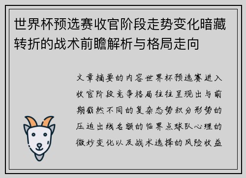 世界杯预选赛收官阶段走势变化暗藏转折的战术前瞻解析与格局走向